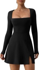 NWT $40 SZ S Square Neck Bodice Dress Long Sleeve Side Slit Flare Mini Dresses