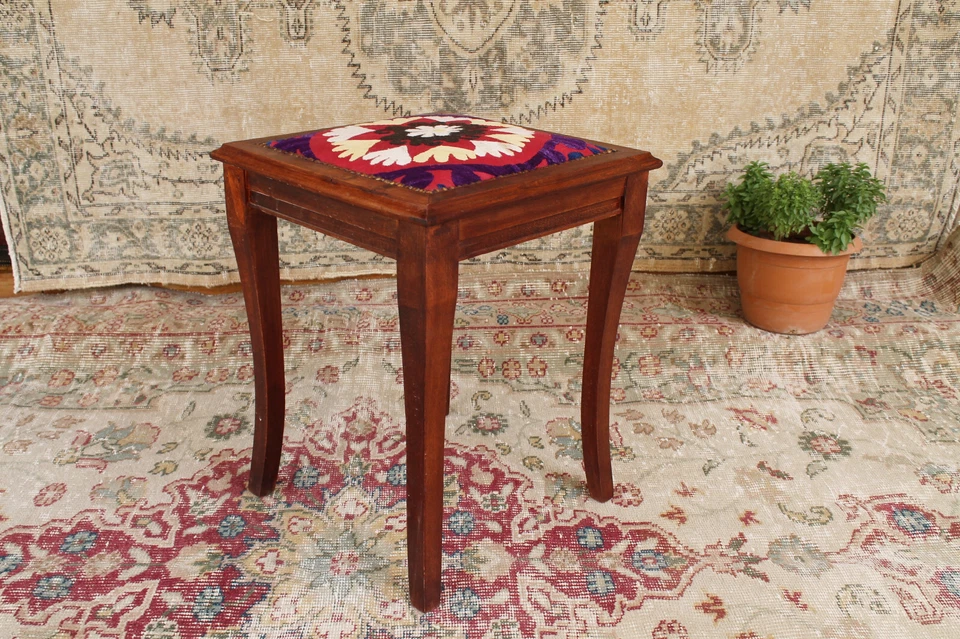 Vintage Wooden Stool Ottoman Boho Embroidered Seat Accent Side Table - Image 2 of 4