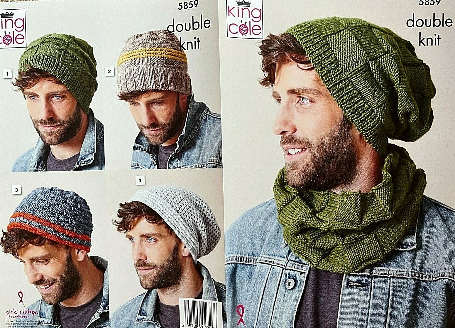 KING COLE KNITTING LEAFLET 5859.  MENS HATS IN DOUBLE KNITTING YARN.
