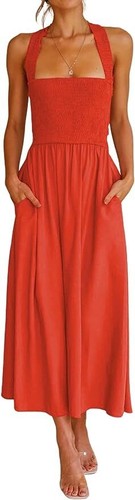 Women Sexy Spaghetti Strap Cut Out Smocked Dress Party Backless Flowy Midi Dress - Picture 31 of 46