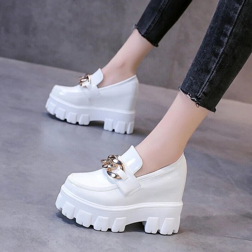 Mujeres Punk Mocasines Tacones Altos Plataforma Informal Imitación Cuero Cuña Zapatos Sin Cordones - Imagen 20 de 20