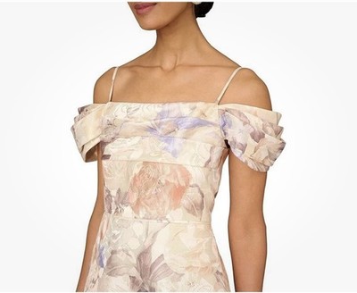 Aidan Mattox by Adrianna Papell Bronze Floral Off Shoulder Pleated Gown Size M 