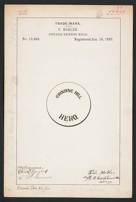 P Hobler 1887 Trademark Registration Grinding Mill Hero Portable Grinding Mills