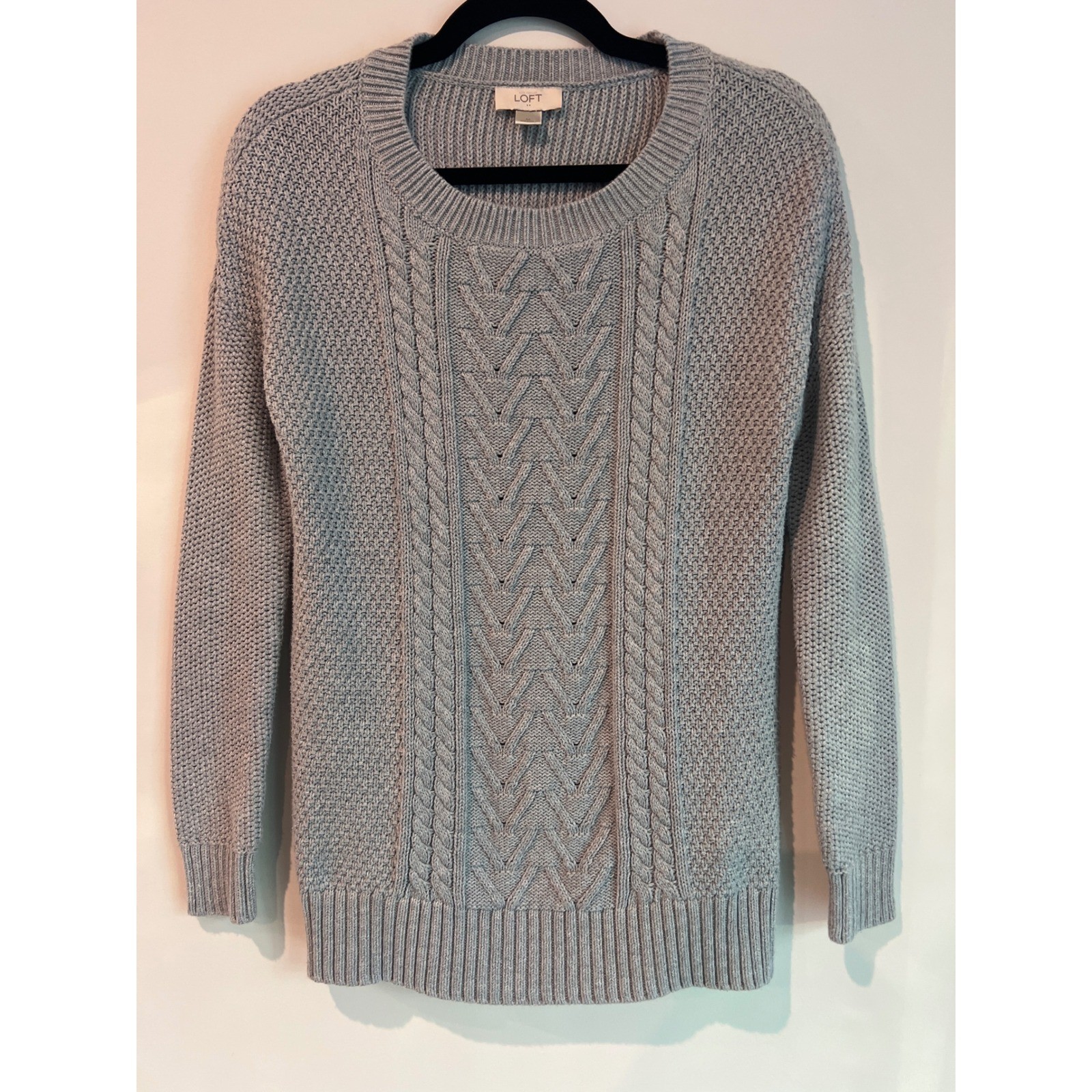 LOFT Women's Gray Cable Knit Crew Neck Long Sleeve Textured Cotton Sweater M