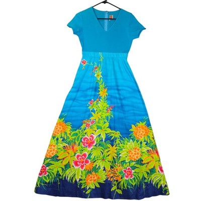 Budo Muu Muu Womens Size 9 Dress Floral Midi Blue Hawaii Vacation Beach Resort