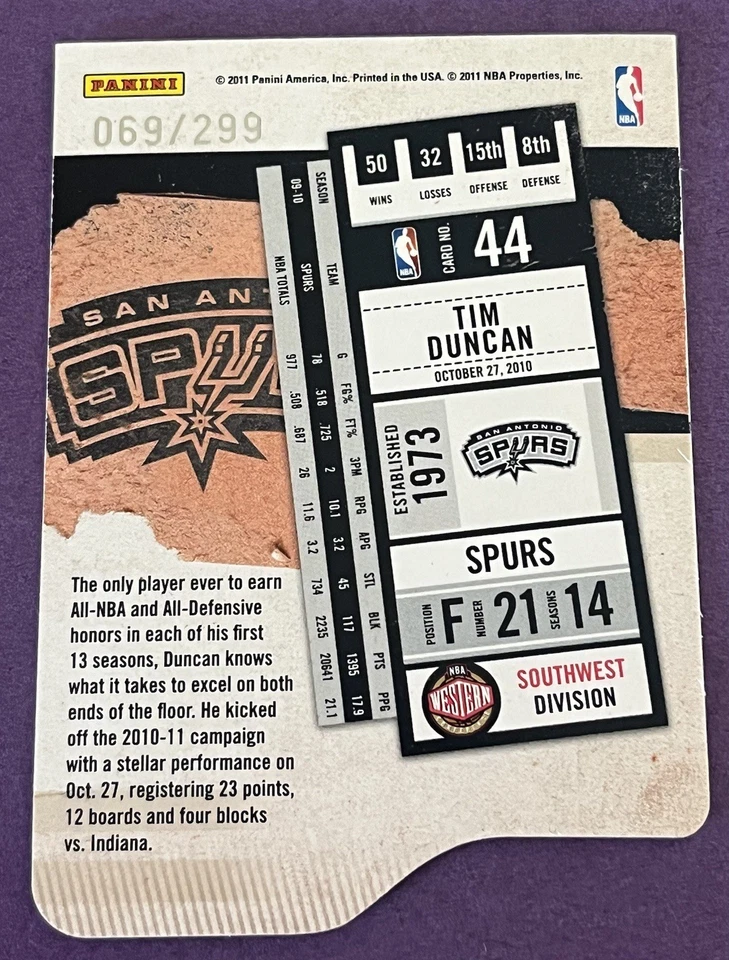 2010-11 Panini Playoff Contenders Patches Tim Duncan Silver Die-Cut 069/299 HOF - Image 2 of 4