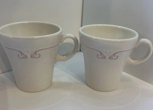 MCM Vintage Syracuse China Restaurant Mugs Red Scroll Band Heavy Diner Ware Pair