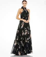 Ieena Mac Duggal FLORAL PRINT RUCHED TIERED HIGH NECK BOW GOWN in Black 10 NWTT