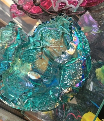 RARE Vintage L.E Smith Large 8" Teal Blue Glass Comet in the stars Bowl Carnival