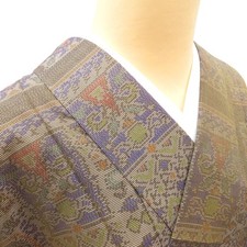 Tsumugi kimono Silk Geometric pattern Beige 58.5inch Women's