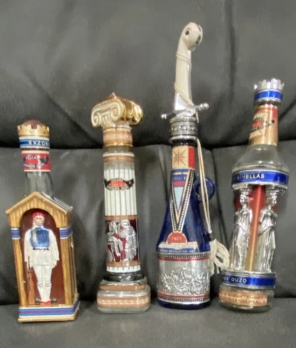 Greek Liquor Bottles Empty Small Lot Of 4 Decorative