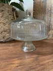 Vintage Anchor Hocking Clear Ribbed Glass Lidded Pedestal Cake Stand 11”