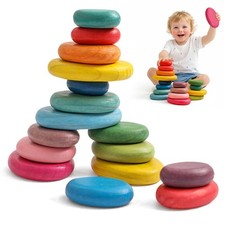 OESSUF Extra-Large Stacking Rocks for Toddlers 1-3, 16 PCS Wooden Montessori ...