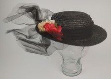 Vintage 1950's Black Straw Hat with Veil and Silk Flowers   Wide Brim