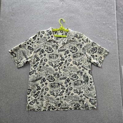 VINTAGE Lands' End Men Button Up Shirt XL Beige Floral Hawaii Loop Collar