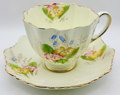 Vintage Paragon England Painted Primrose Floral Cup & Saucer; Deco Teacup
