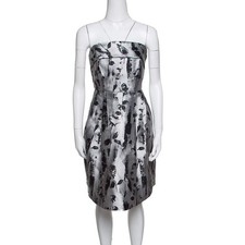 CH Carolina Herrera Silver and Black Floral Jacquard Strapless Dress S