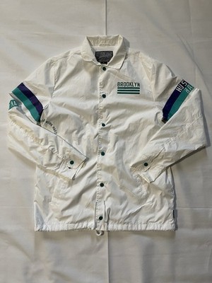 Brooklyn Cloth Men s L White Coach Jacket Windbreaker Snap Front Graphic Print