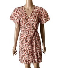 Madewell Wrap Dress Womens Med Redish White Floral Cottagecore Retro Casual