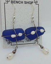 COBALT BLUE SEA GLASS WHITE FRESH WATER PEARL STERLING SILVER WIRE WRAP EARRING