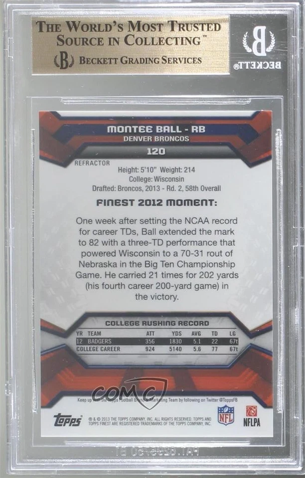 2013 Topps Finest Pink Refractor /10 Montee Ball #120 BGS 9.5 GEM MINT Rookie RC - Image 2 of 2