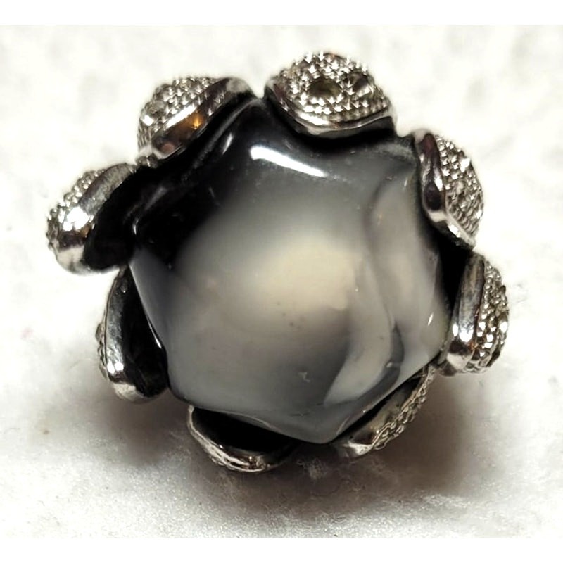 Statement Ring Flower Framed Agate Black Gray Whi… - image 2