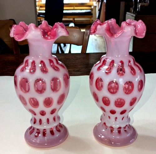 PAIR VINTAGE FENTON CRANBERRY OPALESCENT "COIN DOT" RUFFLED TOP VASES 8 3/4"
