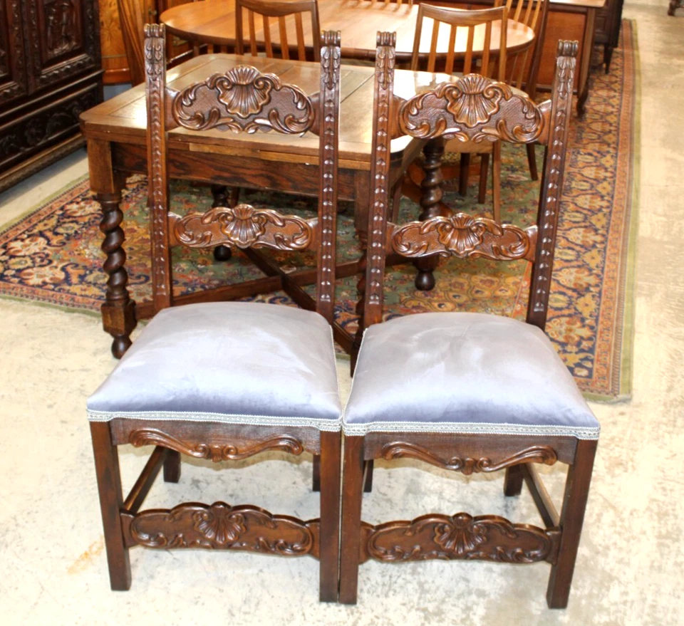 Set of 2 French Renaissance Antique Dining Chairs | Carved Walnut & Upholstered - Image 4 of 4