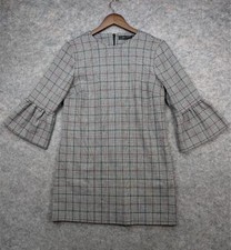Zara Dress Womens Medium Black White Tattersall Check Bell Sleeve Mini Shift