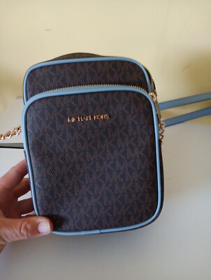 Rare Color Michael Kors LOGO Jet Set Crossbody Bag Brown/ Light Blue /New