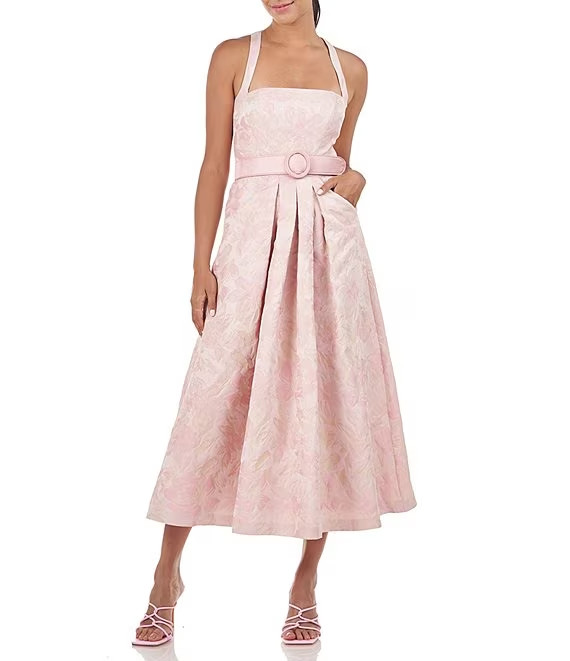 Vestido Kay Unger Rosa Malva Morgana Floral Jacquard Línea A Talla 2 $378 *Menos Cinturón*