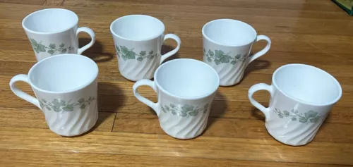 Corning Corelle Callaway Green Ivy Swirl Coffee Tea Mugs Cups, Set Of 6 White