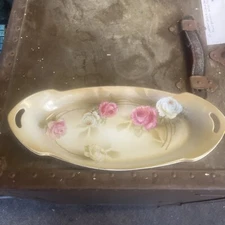 antique RS Germany Prussia cabbage rose floral porcelain relish rose dish 