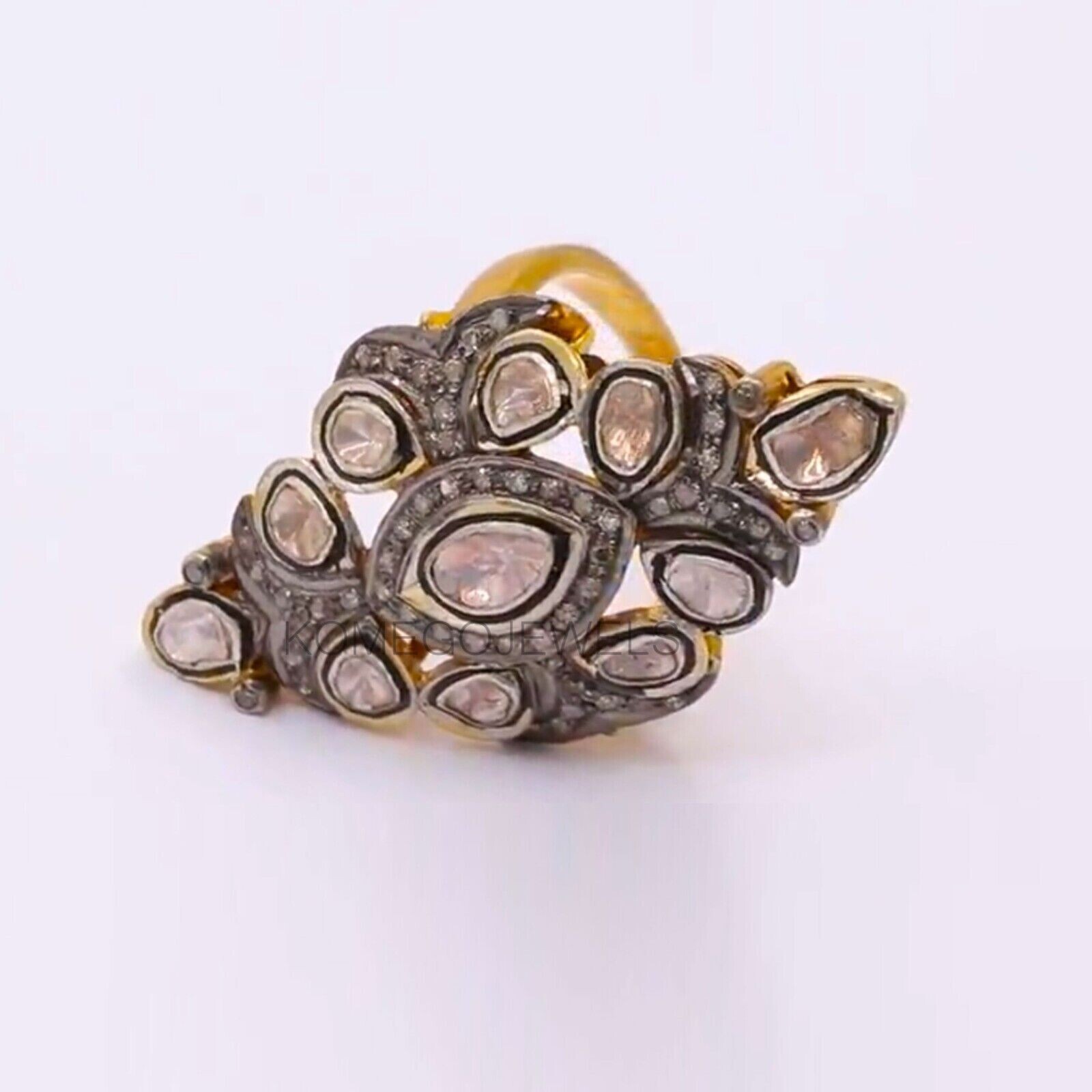 Natural Polki Pave Diamond Slice Full Finger Anniversary Gift Ring For Her