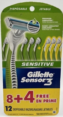 Gillette Sensor3 Disposable Razor  Lot 12 Razors Total Sensitive Sensor 3 Green