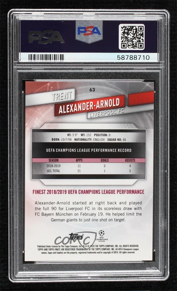 2019 Topps Finest UCL Gold Refractor /50 Trent Alexander-Arnold #63 PSA 9 MINT - Image 2 of 2