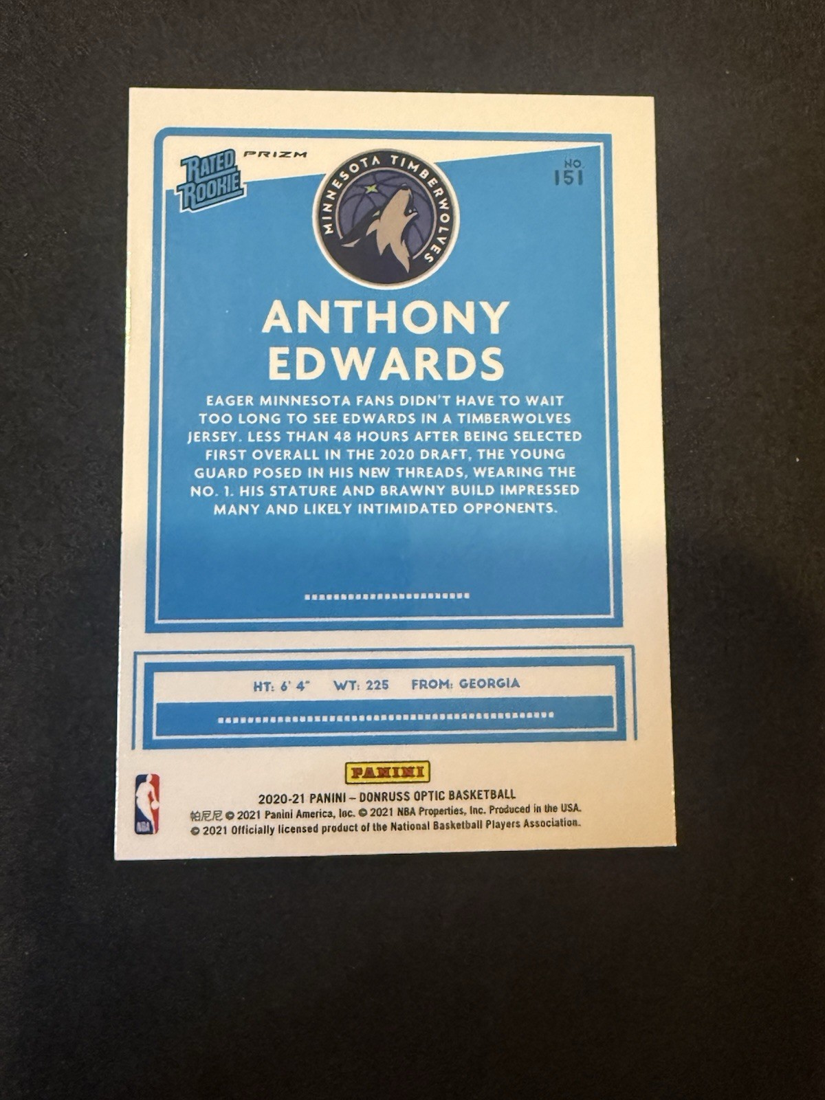 2020-21 Panini Donruss Optic Rated Rookie Anthony Edwards #151 Holo Prizm (RC) view 2