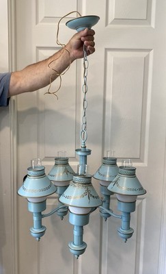 Vintage Blue Tole Chandelier 5 Light w/Shades Glass Globes French Country Style
