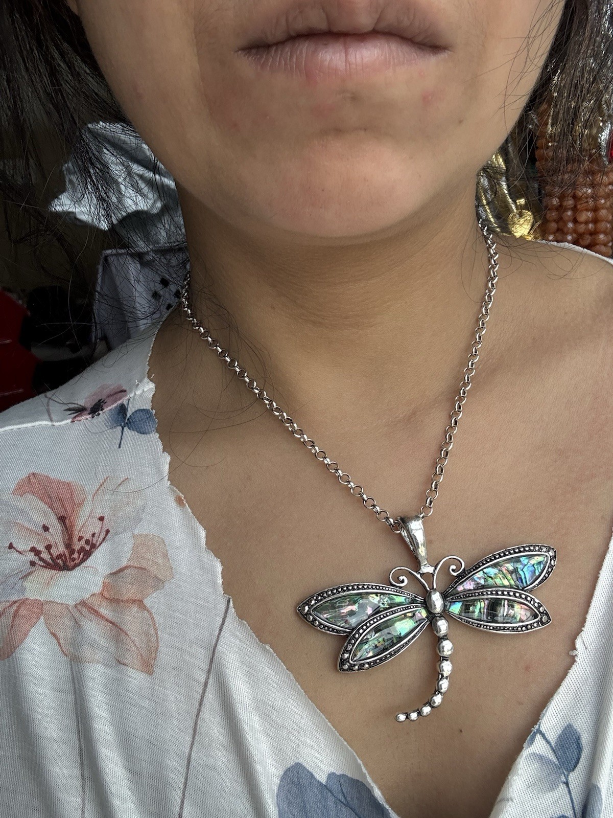 Dragonfly Necklace Pendant Silver Chunky Whimsical