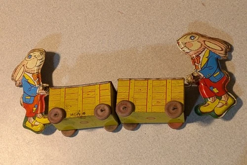 2-TIN LITHO BUNNY RABBIT PUSHING CART w/Wood WAheels Ohio Arts Co 1950s 7x5½ Vtg