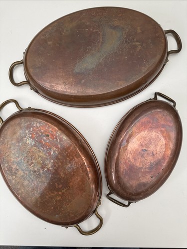 Vintage Copper Gratin Tin Lined Oval Pan Dish Cookware w Brass Handles Three