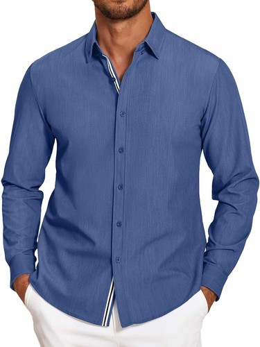 Mens Casual Button Down Shirt Untucked Long Sleeve Stretch Denim Dress Shirt - Picture 11 of 83