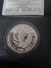 Australian Kookaburra 1oz .999 Fine Silver Proof 5 DollarCoinIn CapsuleCOA 1990