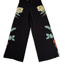 EVA VARRO Wide Leg Pants Sz L Floral Pull-On Black Slinky USA