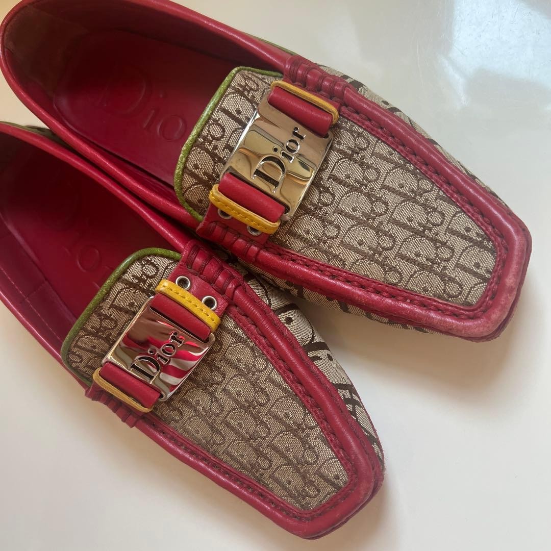 Dior Loafers Red Beige Canvas Leather Size 23cm with Metal Buckle thumbnail 4