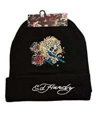 Ed Hardy Embroidered Black Knit Beanies - 2 Pack.
