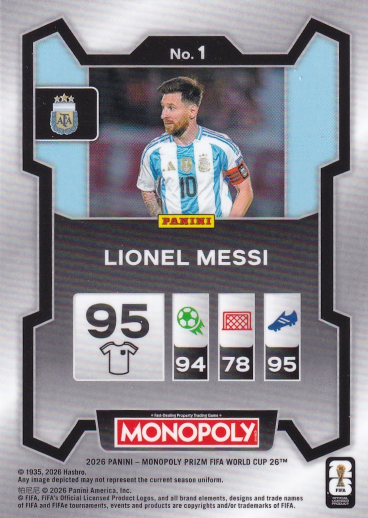 Lionel Messi Argentina 2026 Monopoly Panini FIFA World Cup Prizm #1 view 2