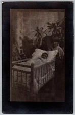 Vtg Snapshot Baby In Crib With Mother 1930s