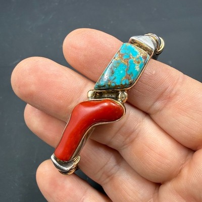 Orville Tsinnie Navajo Sterling & 14K Cuff Bracelet w/ Turquoise