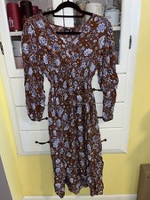 Gap Women’s Medium Boho Floral Smocked Dress With Cinched Waist Blue Brown 